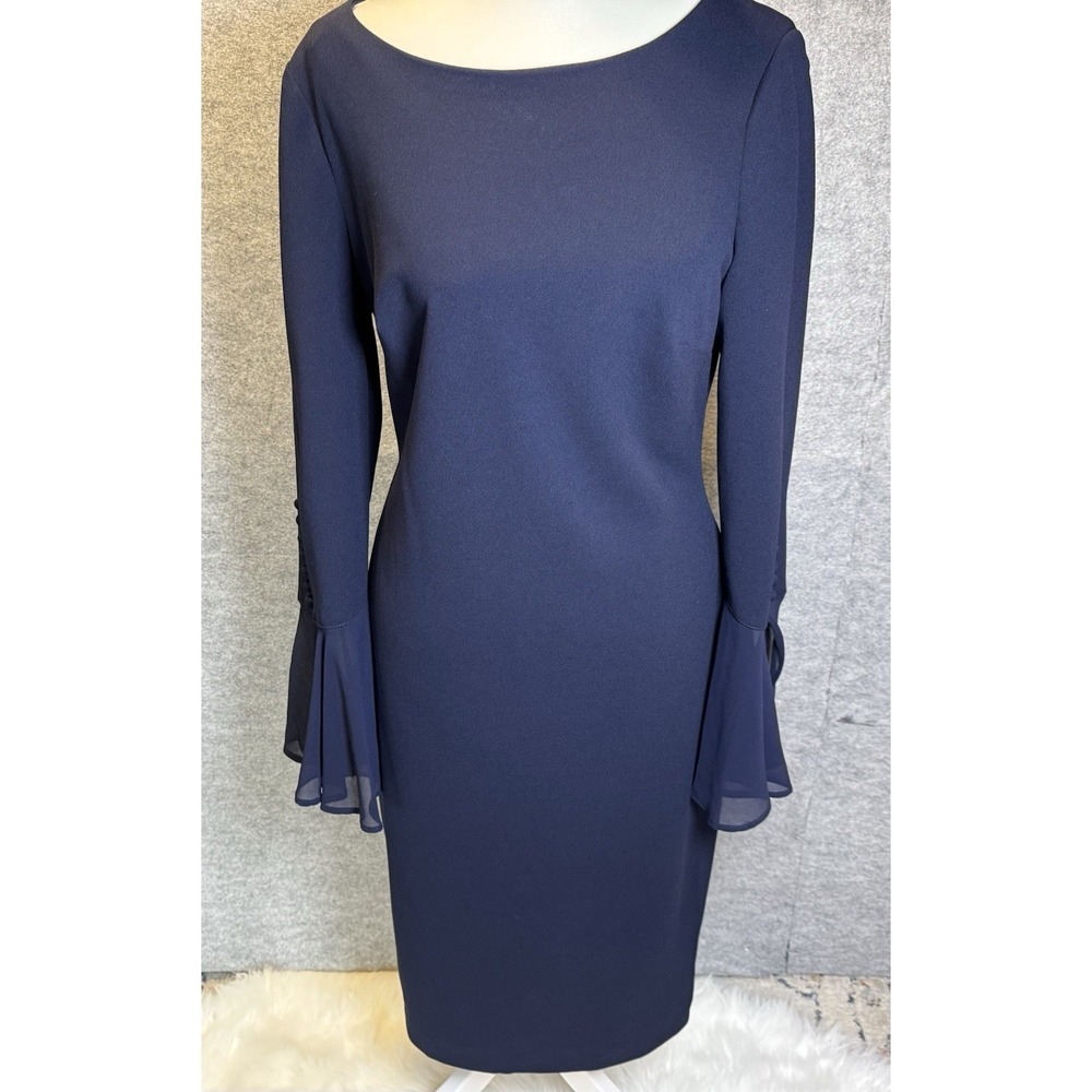 CALVIN KLEIN Size 8 Sheath Navy Blue Chiffon Bell Semi Sheer Long Sleeves Dress